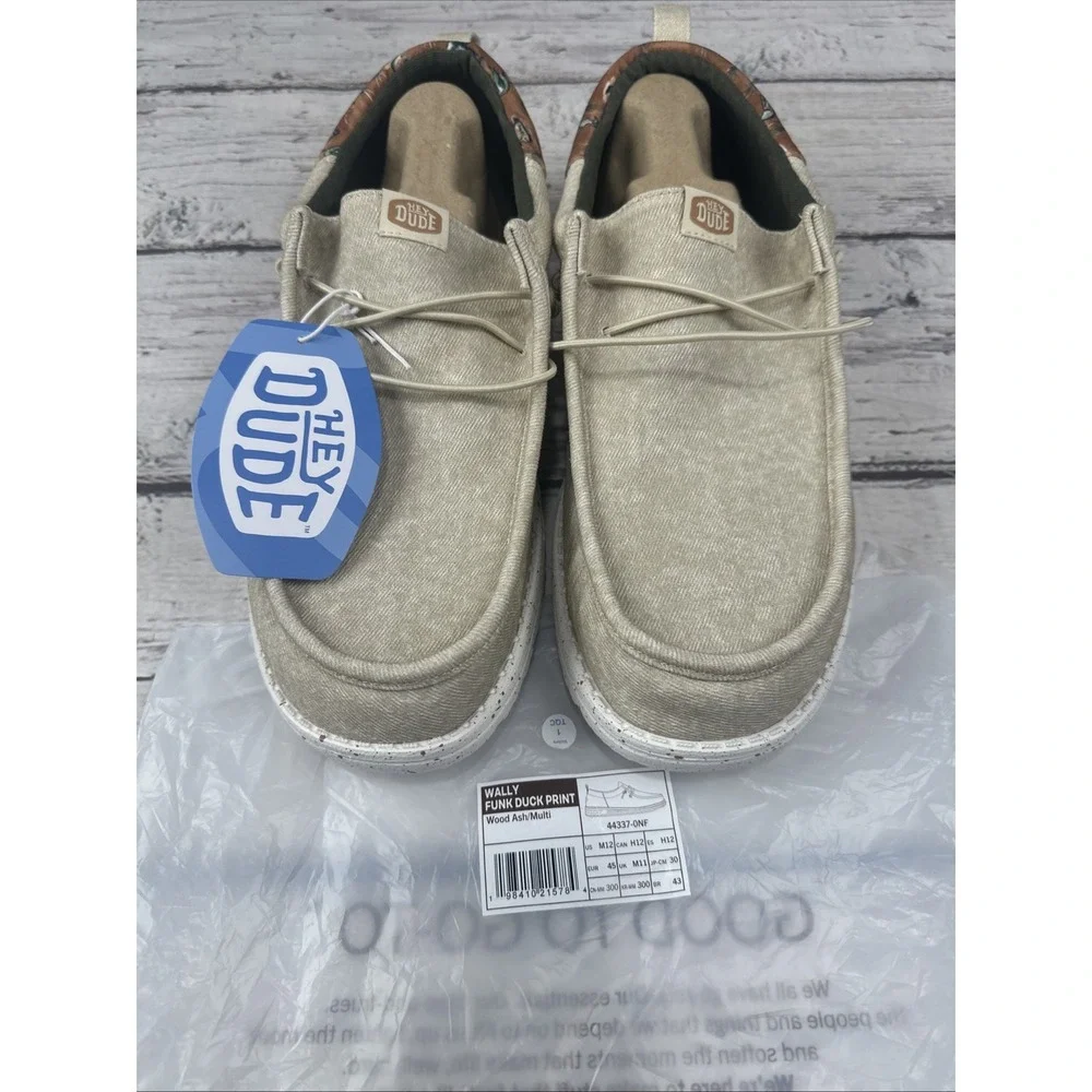 Hey Dude Men's Wally Funk Duck Print Wood Ash/Multi Slip-on Sneakers Size 12 NEW